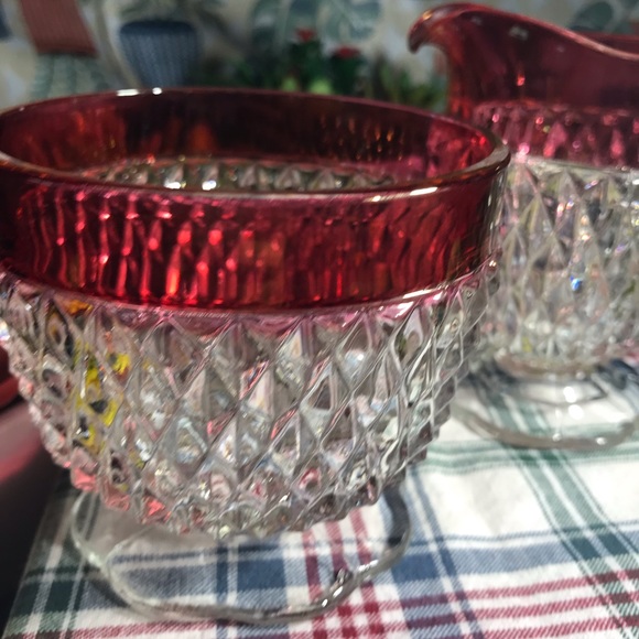 🛑🛑Vintage Indiana Glass Diamond Point Cranberry/Ruby Flashed Creamer & Sugar - Picture 6 of 6
